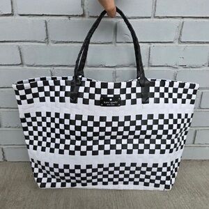 Kate Spade New York Large Woven Tote Bag Black White Checkered Shopper Beach Bag